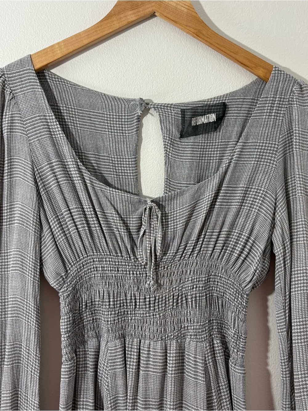 Reformation “Wilder” grey/white tartan square-neck mini dress (size 8) - Picture 3 of 7